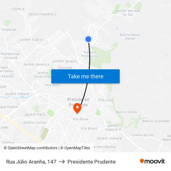 Rua Júlio Aranha, 147 to Presidente Prudente map