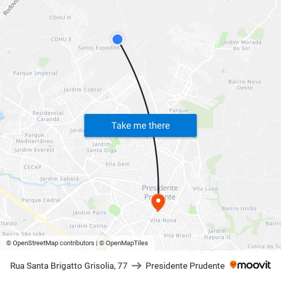 Rua Santa Brigatto Grisolia, 77 to Presidente Prudente map