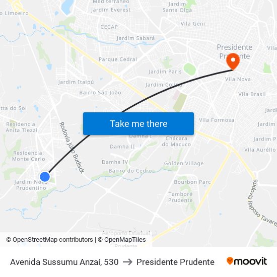 Avenida Sussumu Anzaí, 530 to Presidente Prudente map