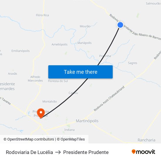 Rodoviaria De Lucélia to Presidente Prudente map