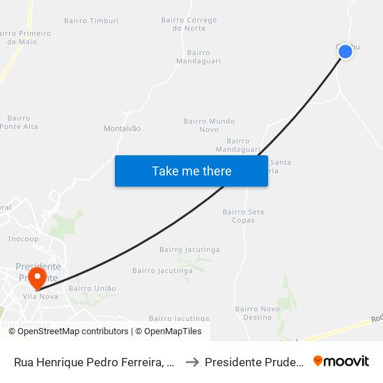 Rua Henrique Pedro Ferreira, 522 to Presidente Prudente map