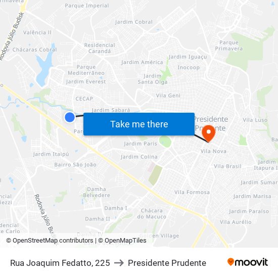 Rua Joaquim Fedatto, 225 to Presidente Prudente map