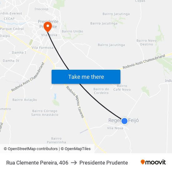 Rua Clemente Pereira, 406 to Presidente Prudente map