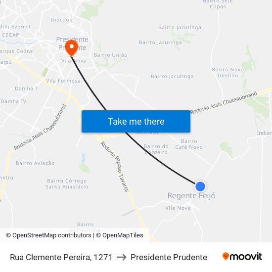 Rua Clemente Pereira, 1271 to Presidente Prudente map