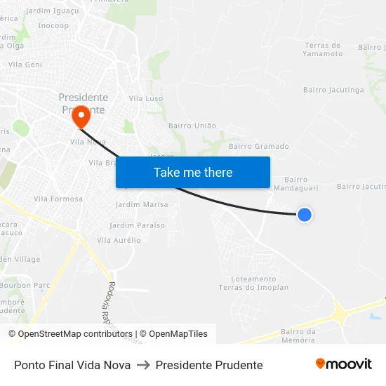 Ponto Final Vida Nova to Presidente Prudente map