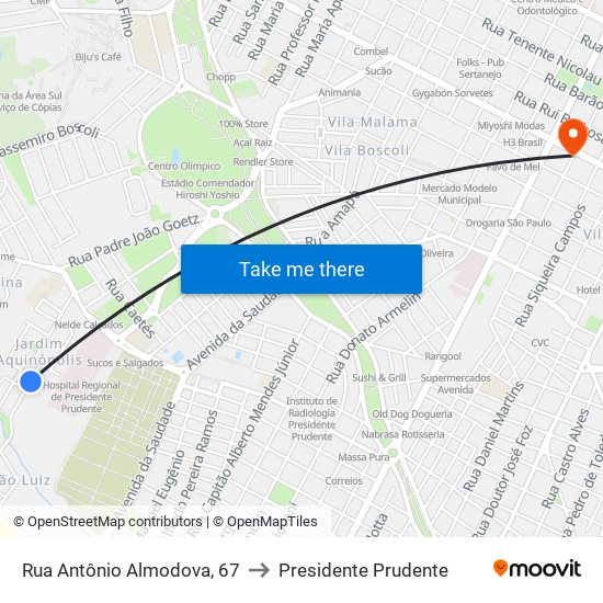 Rua Antônio Almodova, 67 to Presidente Prudente map