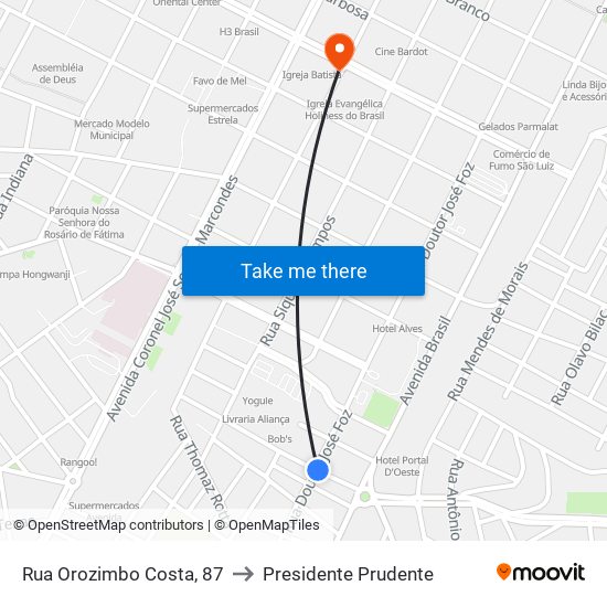 Rua Orozimbo Costa, 87 to Presidente Prudente map