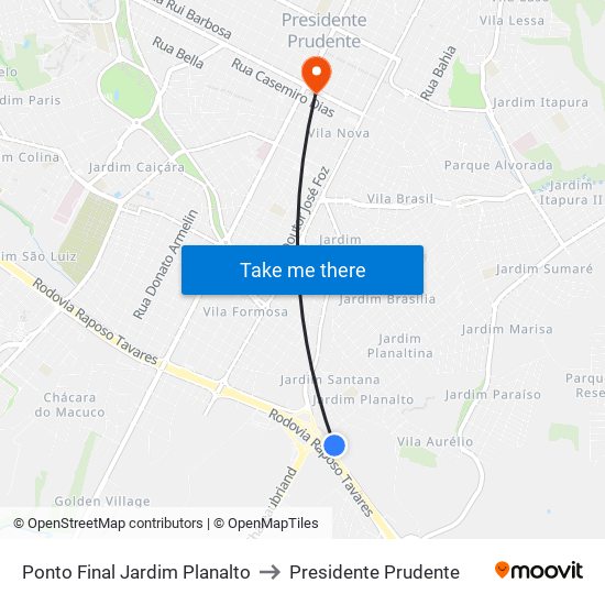 Ponto Final Jardim Planalto to Presidente Prudente map