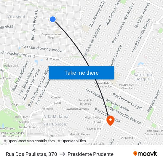 Rua Dos Paulistas, 370 to Presidente Prudente map