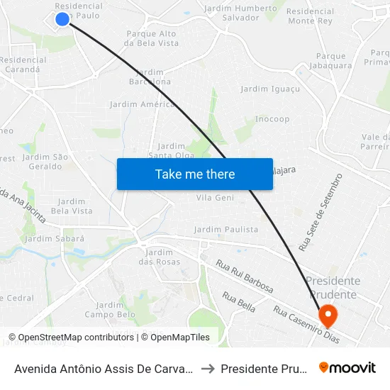 Avenida Antônio Assis De Carvalho, 853 to Presidente Prudente map