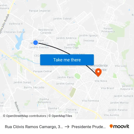 Rua Clóvis Ramos Camargo, 382 to Presidente Prudente map