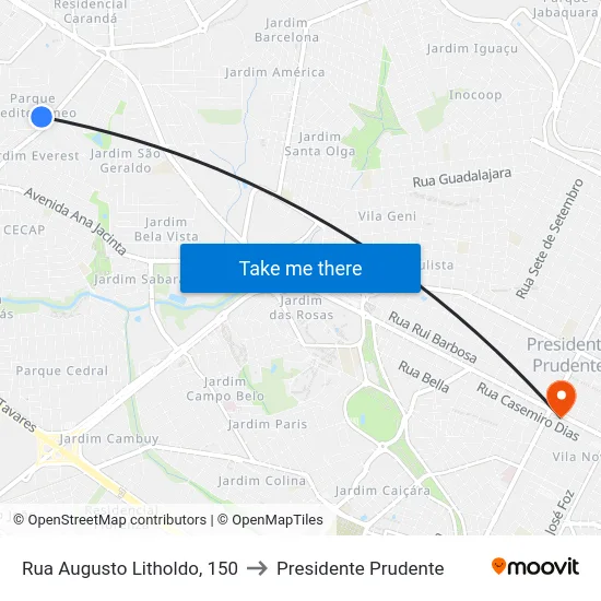 Rua Augusto Litholdo, 150 to Presidente Prudente map