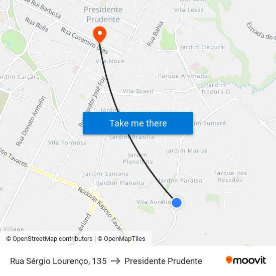 Rua Sérgio Lourenço, 135 to Presidente Prudente map