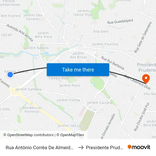 Rua Antônio Corrêa De Almeida, 415 to Presidente Prudente map