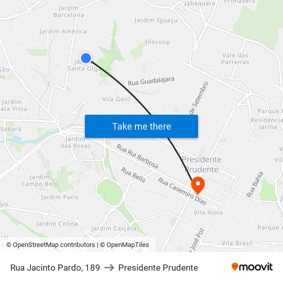 Rua Jacinto Pardo, 189 to Presidente Prudente map