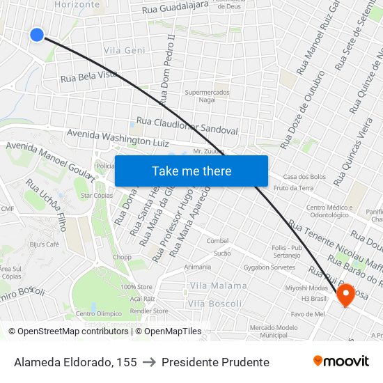 Alameda Eldorado, 155 to Presidente Prudente map