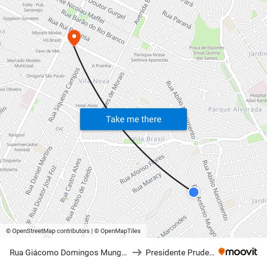 Rua Giácomo Domingos Mungo, 30 to Presidente Prudente map
