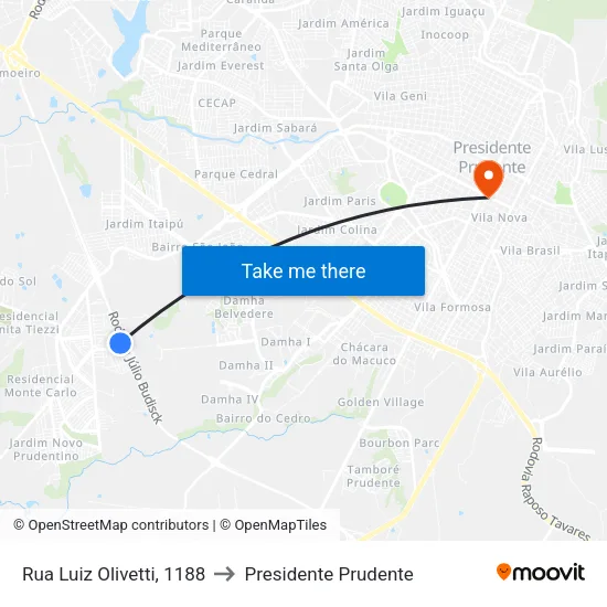 Rua Luiz Olivetti, 1188 to Presidente Prudente map