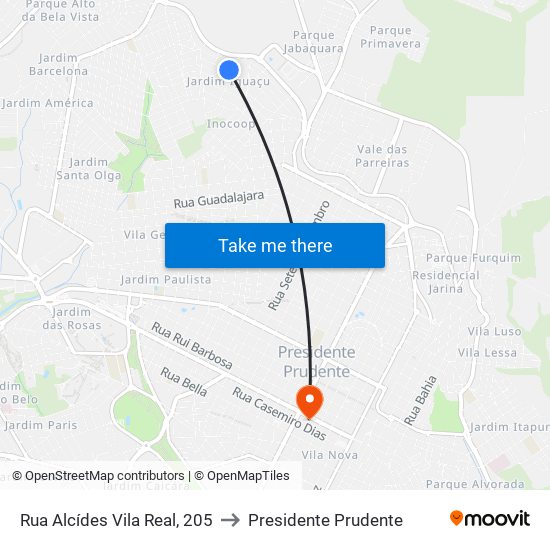 Rua Alcídes Vila Real, 205 to Presidente Prudente map