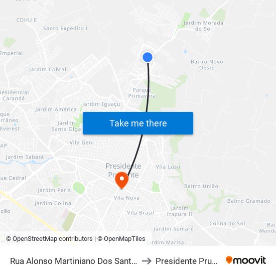 Rua Alonso Martiniano Dos Santos, 529 to Presidente Prudente map