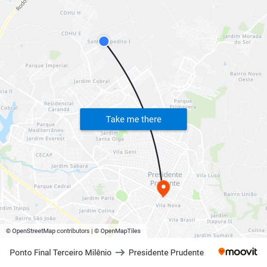 Ponto Final Terceiro Milênio to Presidente Prudente map