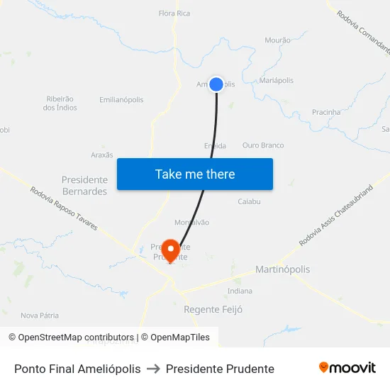Ponto Final Ameliópolis to Presidente Prudente map
