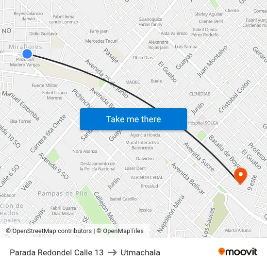 Parada Redondel Calle 13 to Utmachala map