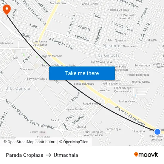 Parada Oroplaza to Utmachala map