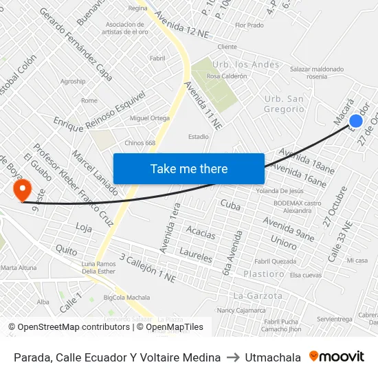 Parada, Calle Ecuador Y Voltaire Medina to Utmachala map