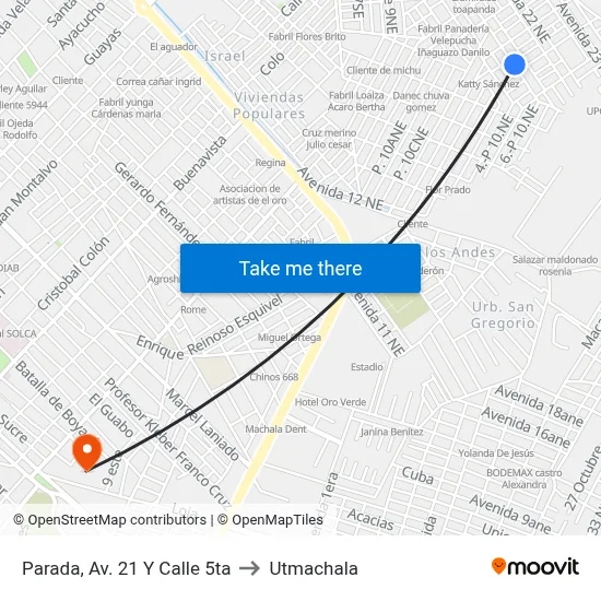 Parada, Av. 21 Y Calle 5ta to Utmachala map