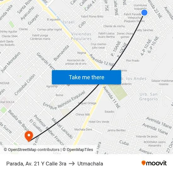 Parada, Av. 21 Y Calle 3ra to Utmachala map