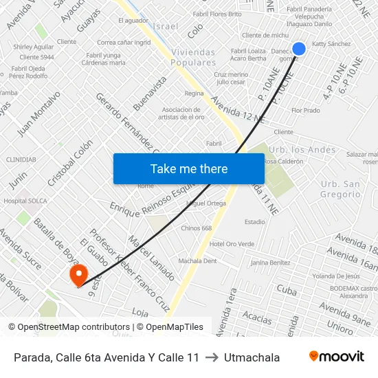 Parada, Calle 6ta Avenida Y Calle 11 to Utmachala map