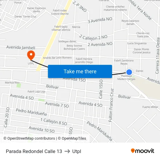 Parada Redondel Calle 13 to Utpl map
