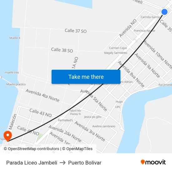 Parada Liceo Jambelí to Puerto Bolivar map