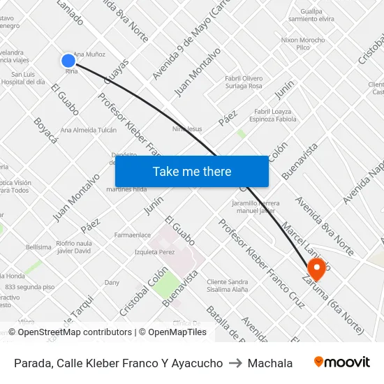 Parada, Calle Kleber Franco Y Ayacucho to Machala map