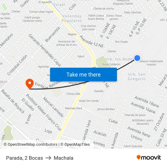 Parada, 2 Bocas to Machala map