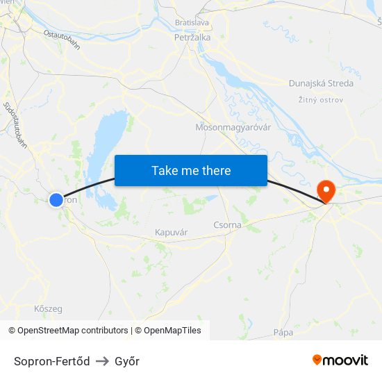 Sopron-Fertőd to Győr map