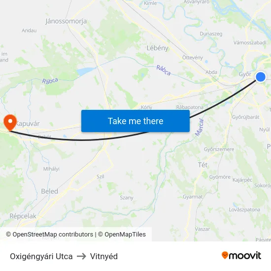 Oxigéngyári Utca to Vitnyéd map