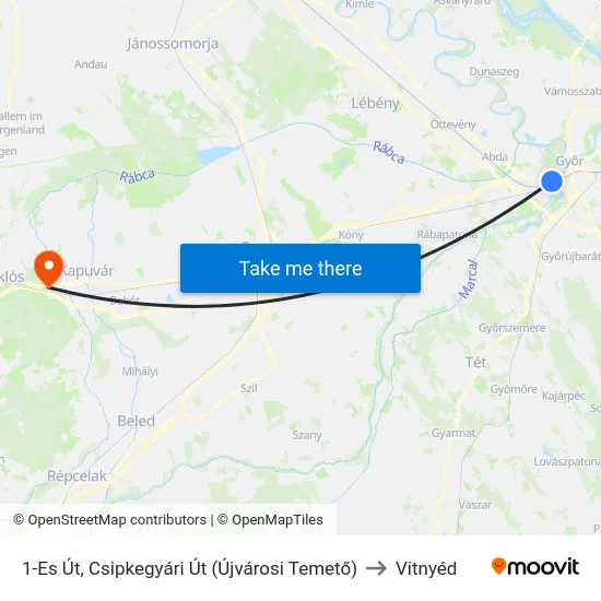1-Es Út, Csipkegyári Út (Újvárosi Temető) to Vitnyéd map