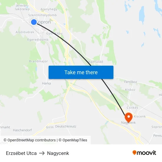 Erzsébet Utca to Nagycenk map