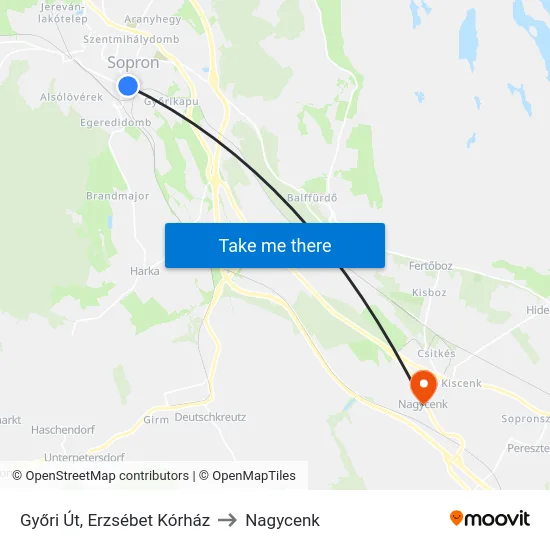 Győri Út, Erzsébet Kórház to Nagycenk map