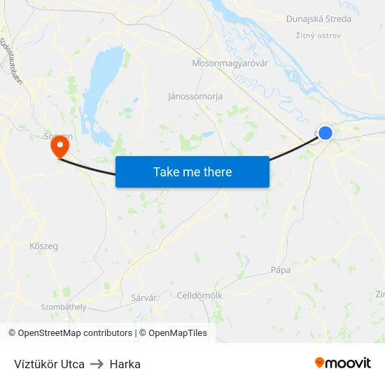 Víztükör Utca to Harka map