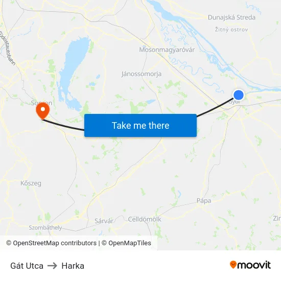 Gát Utca to Harka map