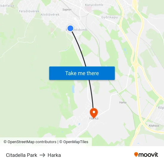 Citadella Park to Harka map