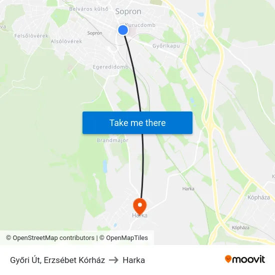 Győri Út, Erzsébet Kórház to Harka map