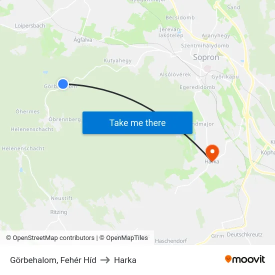 Görbehalom, Fehér Híd to Harka map