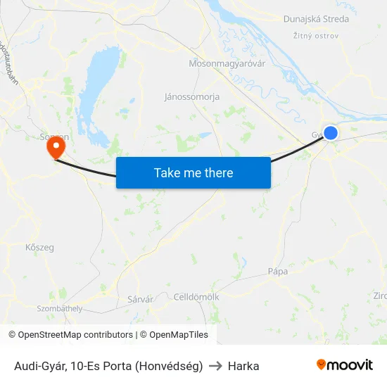 Audi-Gyár, 10-Es Porta (Honvédség) to Harka map