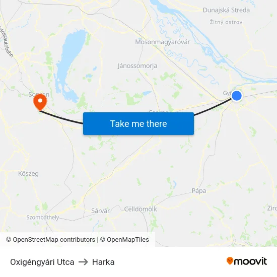Oxigéngyári Utca to Harka map