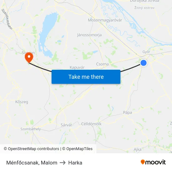 Ménfőcsanak, Malom to Harka map