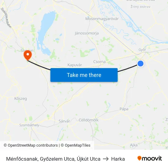 Ménfőcsanak, Győzelem Utca, Újkút Utca to Harka map